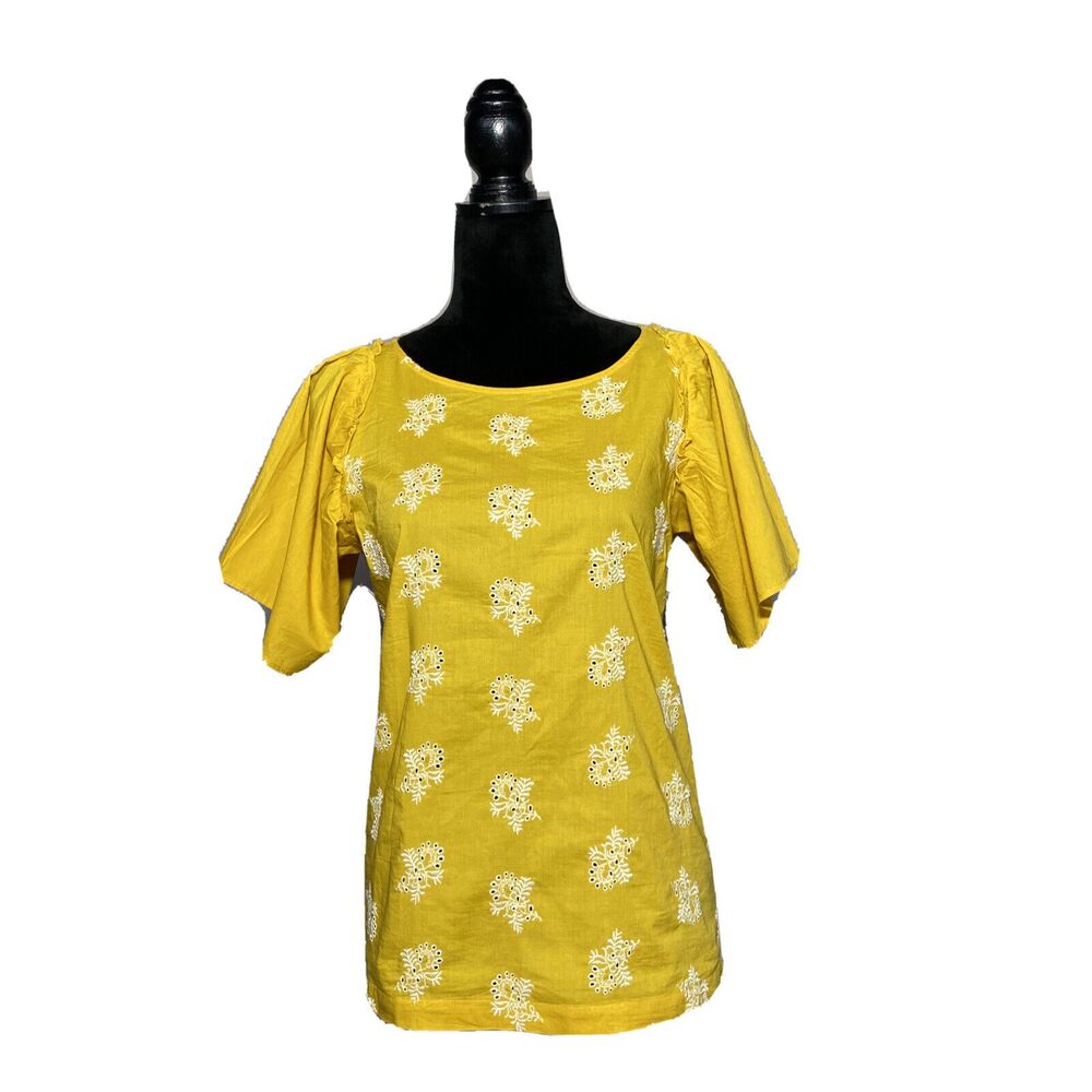 LOFT Top MED Mustard Yellow White Eyelet Embroider Full‎ Short Sl Blouse